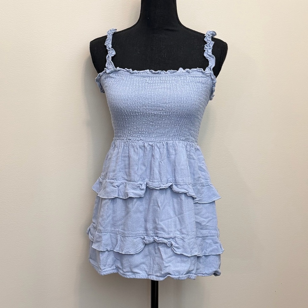 Lulus Light Blue Smocked Ruffled Tie-Back Tiered Womens XS Tank Top Cottagecore